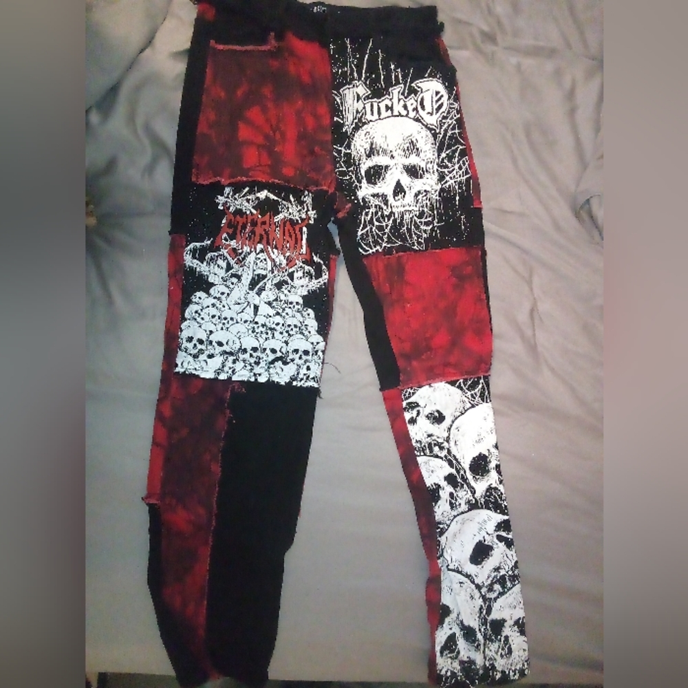 Black and red punk rock skull pants